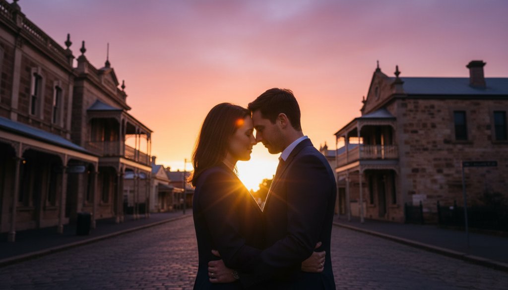 A dramatic and intimate moment captured during a Castlemaine pre-wedding photography experience, featuring a couple embracing against the warm glow of a golden hour sunset over historic architecture, showcasing deep emotional connection.