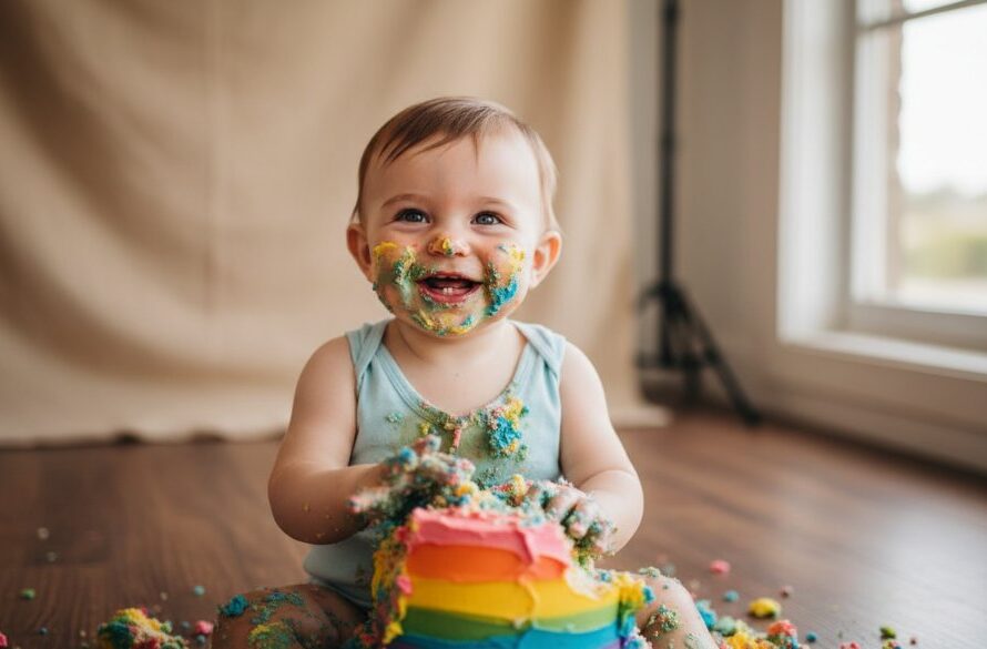 An epic moment captured during Castlemaine Victoria fun 1st birthday cake smash photography, featuring a giggling baby with frosting-covered hands and face, surrounded by colourful cake debris, under warm, soft studio lighting.