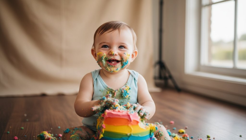 An epic moment captured during Castlemaine Victoria fun 1st birthday cake smash photography, featuring a giggling baby with frosting-covered hands and face, surrounded by colourful cake debris, under warm, soft studio lighting.