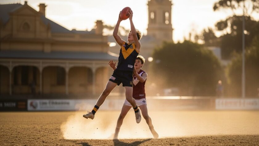 An epic, dramatic wide shot of a young athlete, mid-action, triumphantly scoring a goal on a vibrant Castlemaine sports field at sunset, illuminated by a golden hour glow, perfectly encapsulating Castlemaine youth sports action photography.