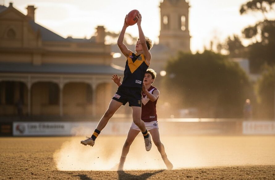An epic, dramatic wide shot of a young athlete, mid-action, triumphantly scoring a goal on a vibrant Castlemaine sports field at sunset, illuminated by a golden hour glow, perfectly encapsulating Castlemaine youth sports action photography.