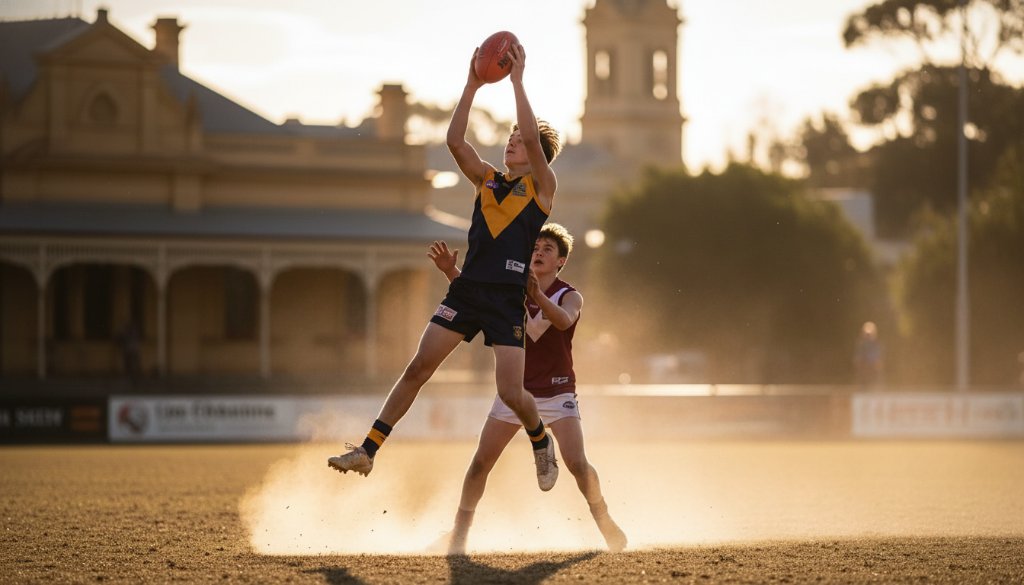 An epic, dramatic wide shot of a young athlete, mid-action, triumphantly scoring a goal on a vibrant Castlemaine sports field at sunset, illuminated by a golden hour glow, perfectly encapsulating Castlemaine youth sports action photography.