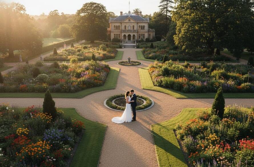 An epic aerial shot capturing a newly married couple embracing at sunset in a beautifully landscaped Caulfield park, with a drone showcasing the stunning 'Caulfield aerial wedding photography insights' perspective, golden hour light, and vibrant green surroundings.