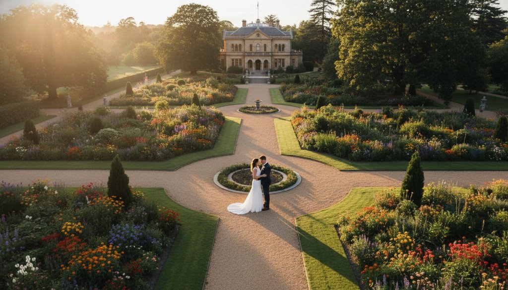 An epic aerial shot capturing a newly married couple embracing at sunset in a beautifully landscaped Caulfield park, with a drone showcasing the stunning 'Caulfield aerial wedding photography insights' perspective, golden hour light, and vibrant green surroundings.