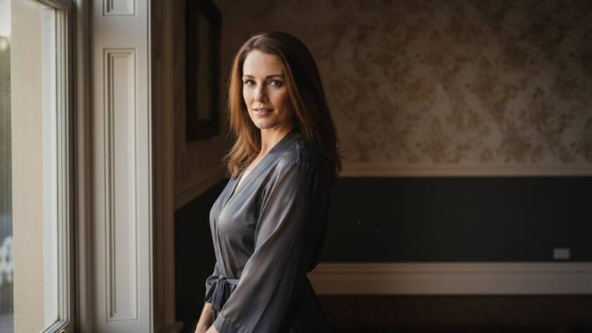 A stunning, dramatically lit boudoir portrait featuring a confident woman subtly draped in luxurious silk fabric, gazing reflectively out a large, softly diffused window in a heritage Caulfield apartment, showcasing Caulfield boudoir photography for empowering self-love with professional cinematic colour grading.
