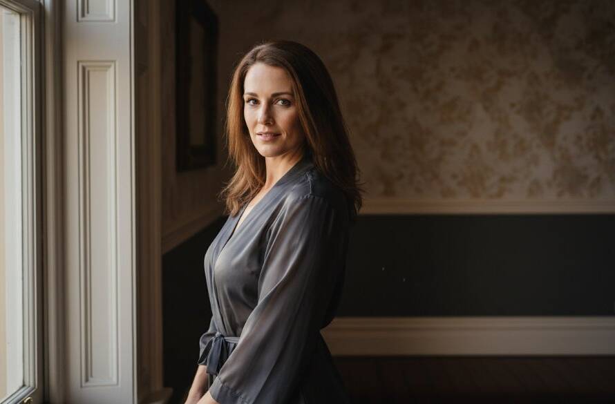 A stunning, dramatically lit boudoir portrait featuring a confident woman subtly draped in luxurious silk fabric, gazing reflectively out a large, softly diffused window in a heritage Caulfield apartment, showcasing Caulfield boudoir photography for empowering self-love with professional cinematic colour grading.