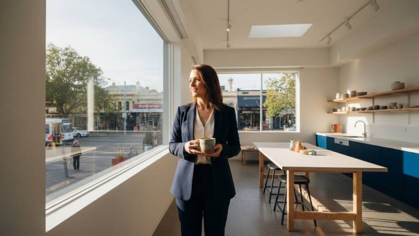 Dynamic wide shot capturing a female entrepreneur looking confidently at her bespoke product in a vibrant Caulfield café, with natural light highlighting her professionalism, an epic moment showcasing Caulfield business branding photography for local entrepreneurs.