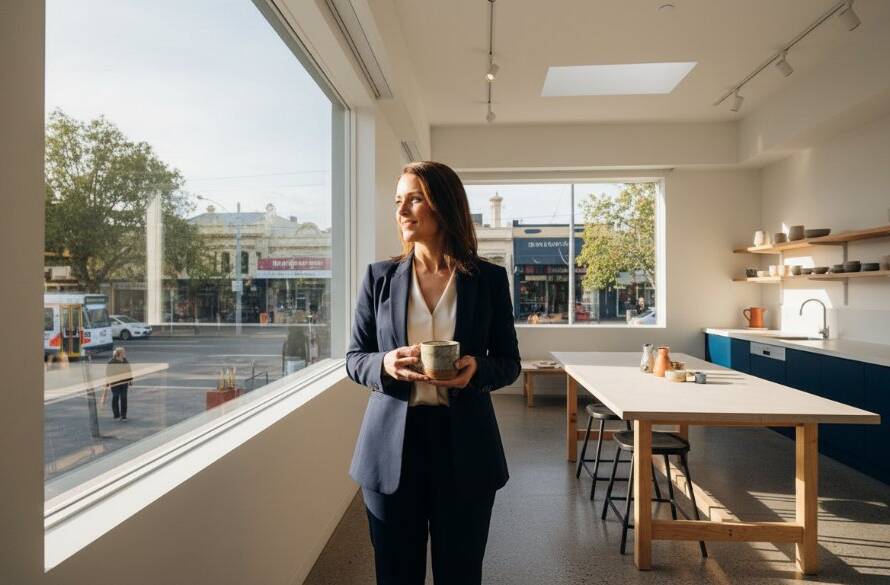 Dynamic wide shot capturing a female entrepreneur looking confidently at her bespoke product in a vibrant Caulfield café, with natural light highlighting her professionalism, an epic moment showcasing Caulfield business branding photography for local entrepreneurs.