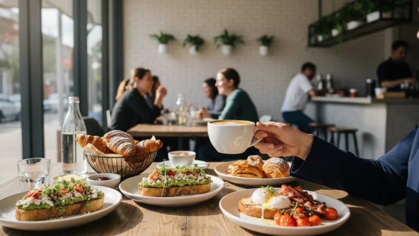 Epic moment capture of a vibrant brunch spread at a bustling Caulfield cafe, showcasing professional Caulfield cafe food photography for menu impact with dynamic natural light.
