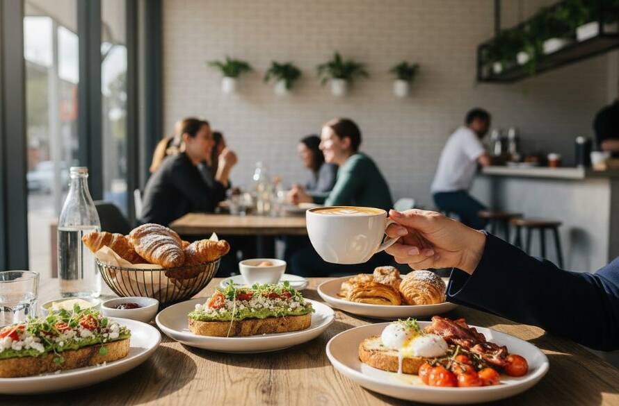 Epic moment capture of a vibrant brunch spread at a bustling Caulfield cafe, showcasing professional Caulfield cafe food photography for menu impact with dynamic natural light.