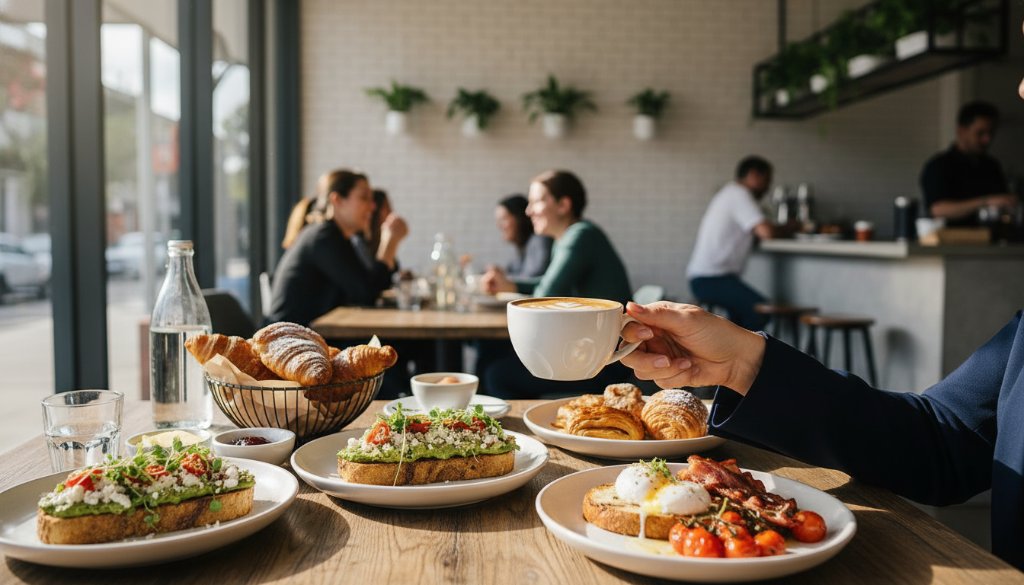 Epic moment capture of a vibrant brunch spread at a bustling Caulfield cafe, showcasing professional Caulfield cafe food photography for menu impact with dynamic natural light.