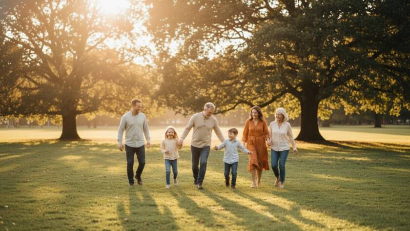 A heartwarming and dynamic Caulfield family photography genuine candid moments Victorian scene, featuring a family laughing joyfully as they chase bubbles in a sun-drenched Caulfield park, golden hour light, genuine emotions, professional color grading.