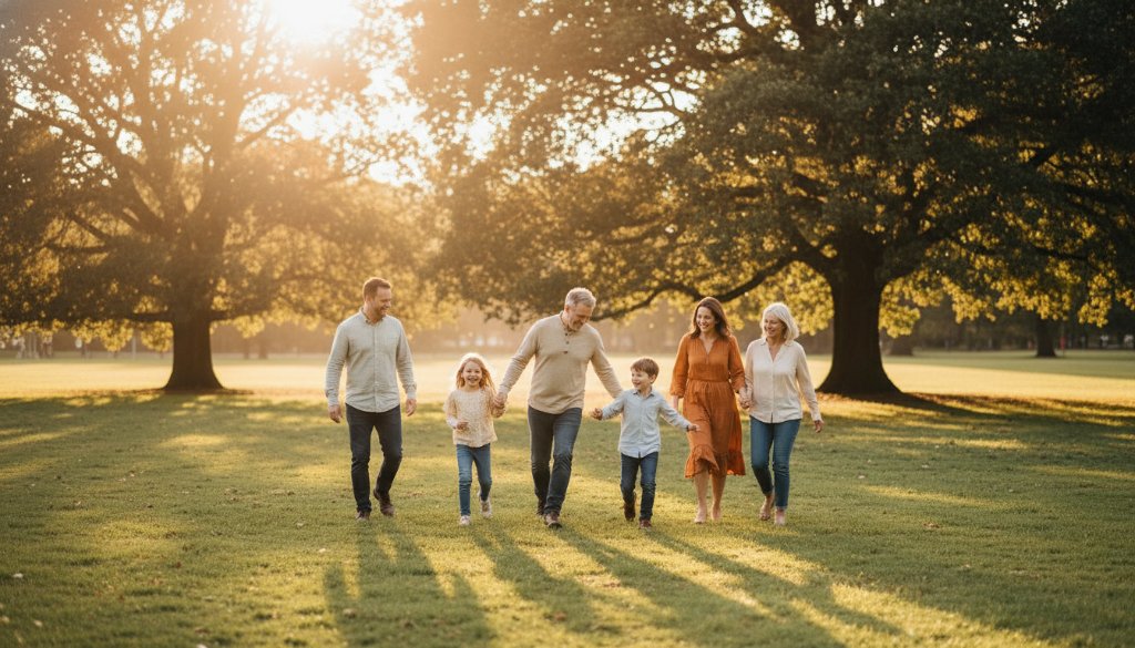 A heartwarming and dynamic Caulfield family photography genuine candid moments Victorian scene, featuring a family laughing joyfully as they chase bubbles in a sun-drenched Caulfield park, golden hour light, genuine emotions, professional color grading.