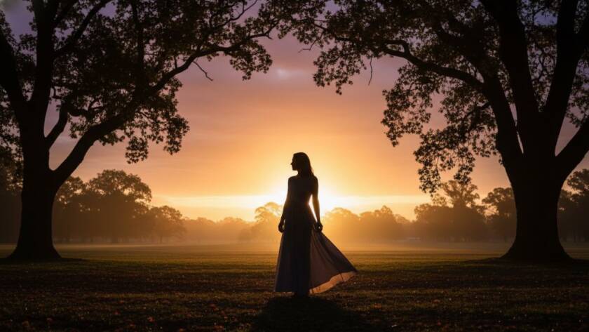 A breathtaking fine art portrait of a subject silhouetted against a dramatic sunset over a historic Caulfield park, expertly captured for Caulfield fine art portrait photography Melbourne by Image by SD, showcasing a profound moment of reflection.
