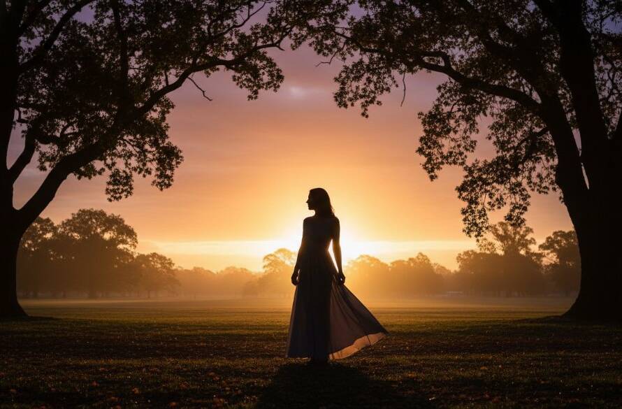 A breathtaking fine art portrait of a subject silhouetted against a dramatic sunset over a historic Caulfield park, expertly captured for Caulfield fine art portrait photography Melbourne by Image by SD, showcasing a profound moment of reflection.