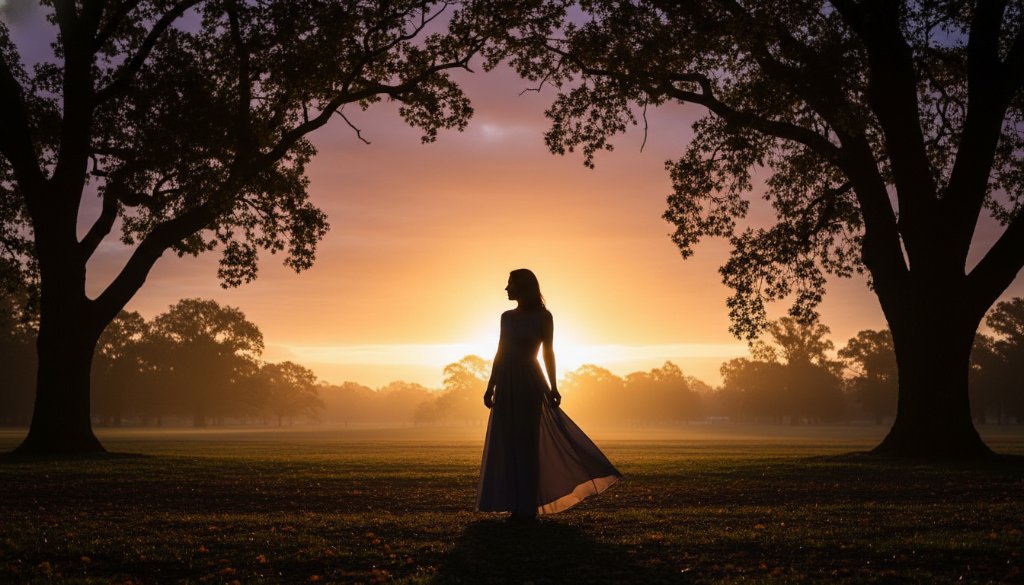 A breathtaking fine art portrait of a subject silhouetted against a dramatic sunset over a historic Caulfield park, expertly captured for Caulfield fine art portrait photography Melbourne by Image by SD, showcasing a profound moment of reflection.
