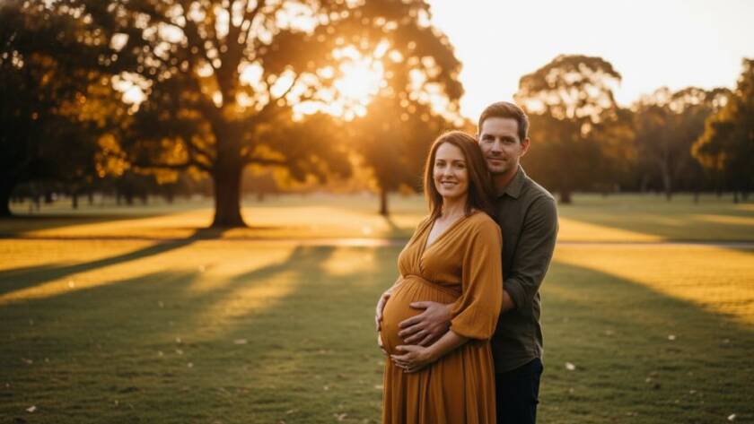 A radiant pregnant woman in a flowing gown, bathed in the soft, warm light of a Caulfield golden hour maternity photoshoot Victoria, standing gracefully amidst the lush parkland of Caulfield Park, embracing her baby bump with a serene expression, capturing an epic moment of anticipation and love.