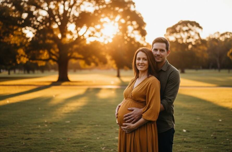 A radiant pregnant woman in a flowing gown, bathed in the soft, warm light of a Caulfield golden hour maternity photoshoot Victoria, standing gracefully amidst the lush parkland of Caulfield Park, embracing her baby bump with a serene expression, capturing an epic moment of anticipation and love.