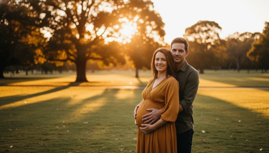 A radiant pregnant woman in a flowing gown, bathed in the soft, warm light of a Caulfield golden hour maternity photoshoot Victoria, standing gracefully amidst the lush parkland of Caulfield Park, embracing her baby bump with a serene expression, capturing an epic moment of anticipation and love.