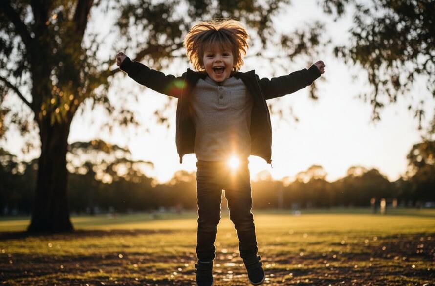 An epic moment captured in Caulfield kids photography joyous outdoor portraits, featuring a child laughing spontaneously while running through a sun-dappled park, with blurred green foliage in the background, professional lighting and colour grading.