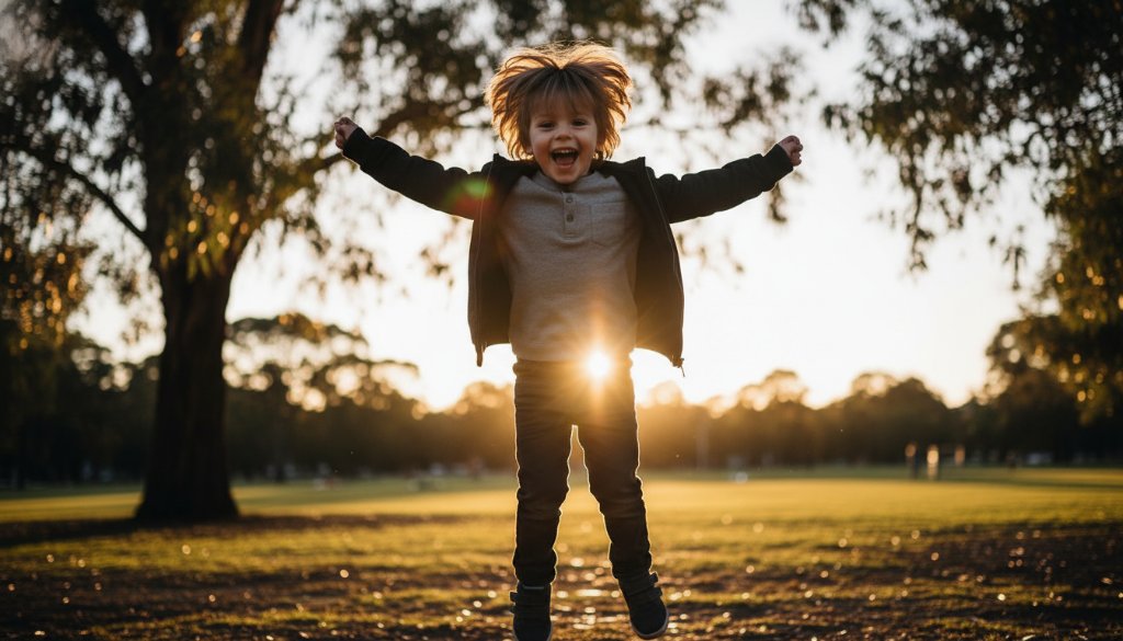 An epic moment captured in Caulfield kids photography joyous outdoor portraits, featuring a child laughing spontaneously while running through a sun-dappled park, with blurred green foliage in the background, professional lighting and colour grading.
