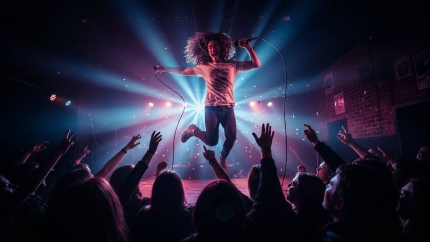 Dynamic wide shot of a lead guitarist mid-shred under dramatic stage lights, capturing the electrifying energy of a Caulfield live music event photography moment, with a blurred, cheering crowd in the background.