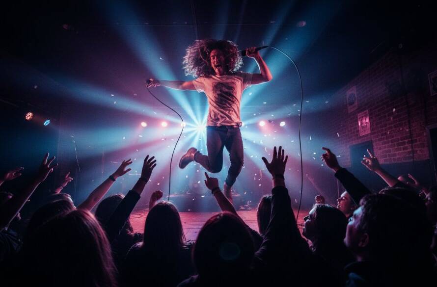 Dynamic wide shot of a lead guitarist mid-shred under dramatic stage lights, capturing the electrifying energy of a Caulfield live music event photography moment, with a blurred, cheering crowd in the background.