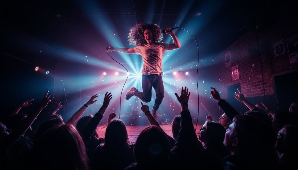 Dynamic wide shot of a lead guitarist mid-shred under dramatic stage lights, capturing the electrifying energy of a Caulfield live music event photography moment, with a blurred, cheering crowd in the background.