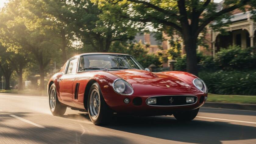 A dramatically lit classic luxury car, captured by Caulfield luxury car photography Melbourne experts, driving at dusk on a tree-lined street in Caulfield, Victoria, with a burst of golden light reflecting off its polished chrome, creating an epic, cinematic moment.