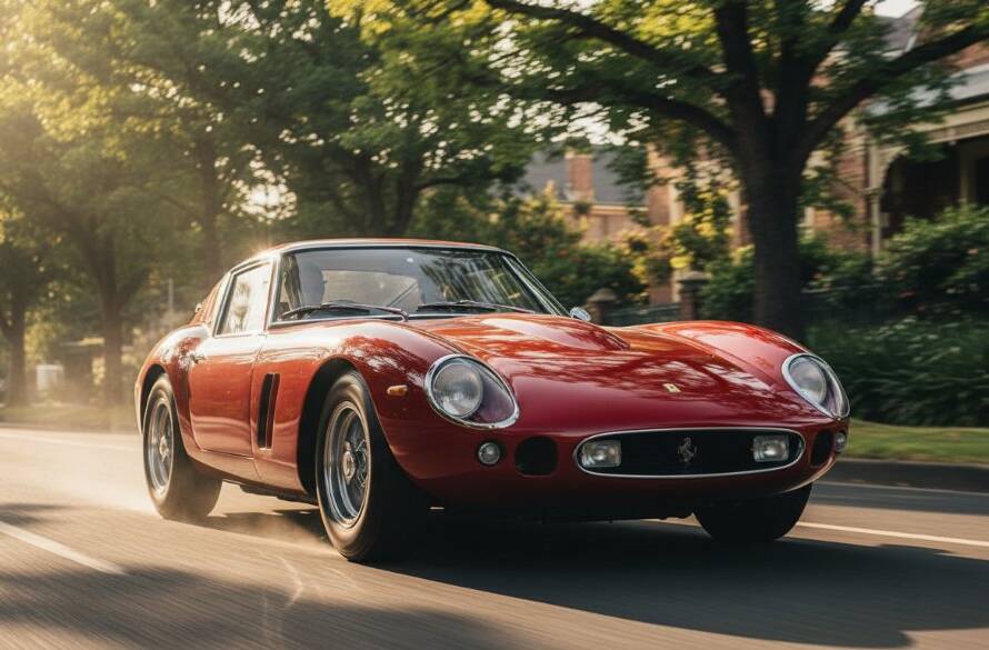 A dramatically lit classic luxury car, captured by Caulfield luxury car photography Melbourne experts, driving at dusk on a tree-lined street in Caulfield, Victoria, with a burst of golden light reflecting off its polished chrome, creating an epic, cinematic moment.
