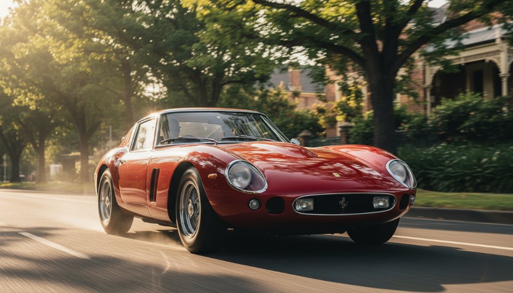 A dramatically lit classic luxury car, captured by Caulfield luxury car photography Melbourne experts, driving at dusk on a tree-lined street in Caulfield, Victoria, with a burst of golden light reflecting off its polished chrome, creating an epic, cinematic moment.