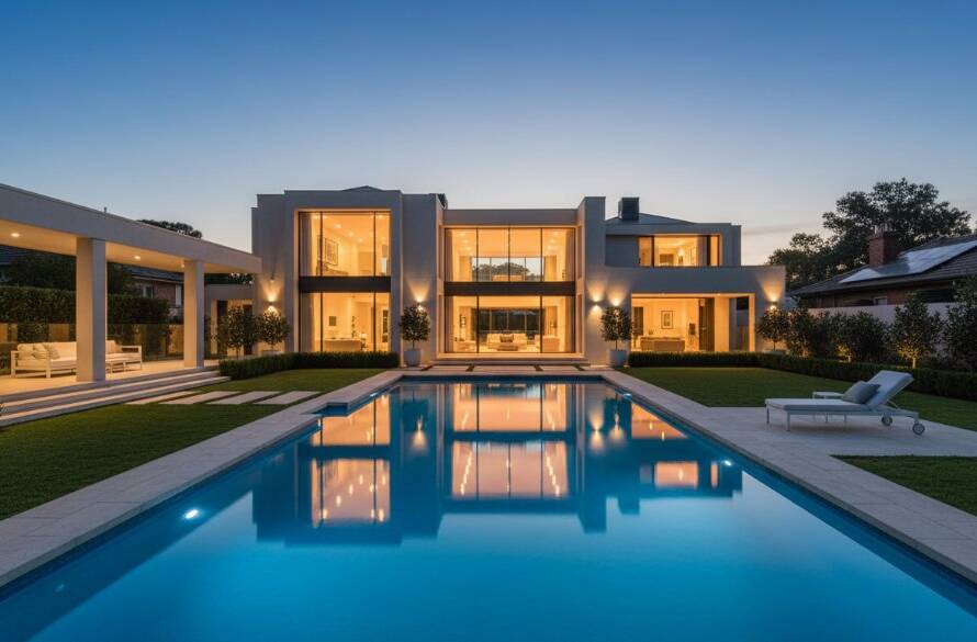 An epic dusk shot of a modern Caulfield luxury home photography showcasing a stunning illuminated pool and grand facade, perfect for captivating buyers.