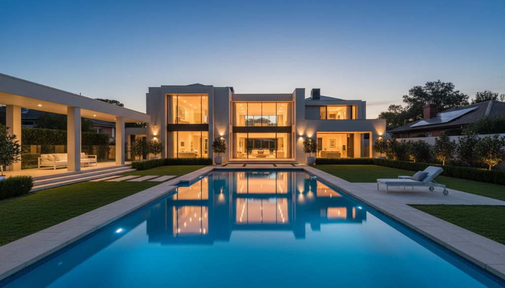 An epic dusk shot of a modern Caulfield luxury home photography showcasing a stunning illuminated pool and grand facade, perfect for captivating buyers.