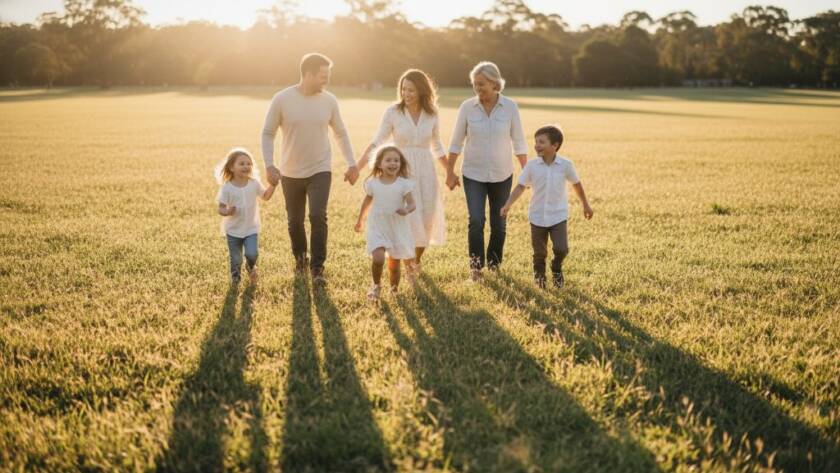 A family laughing joyfully, mid-action, during a golden hour picnic in Caulfield Park, showcasing Caulfield North candid photography authentic family moments with warm, natural light and genuine emotion.
