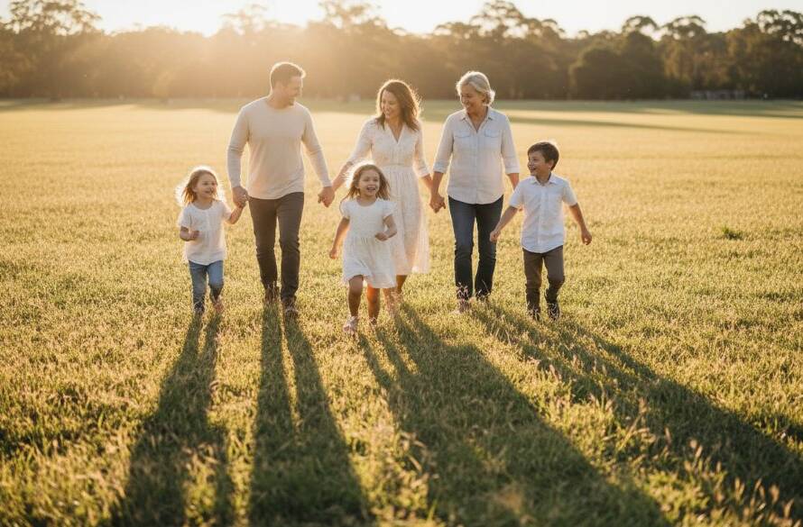 A family laughing joyfully, mid-action, during a golden hour picnic in Caulfield Park, showcasing Caulfield North candid photography authentic family moments with warm, natural light and genuine emotion.