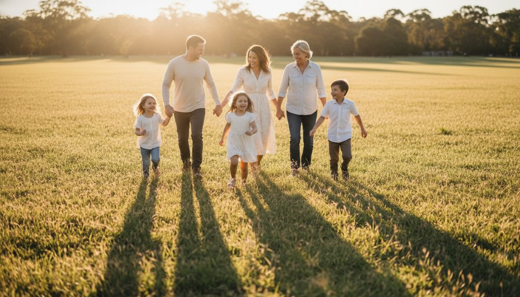A family laughing joyfully, mid-action, during a golden hour picnic in Caulfield Park, showcasing Caulfield North candid photography authentic family moments with warm, natural light and genuine emotion.