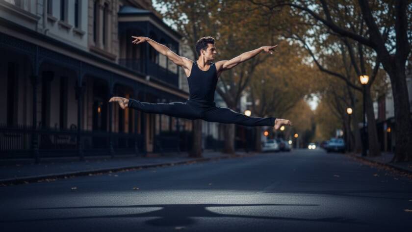 A dynamic male dancer in mid-air performing an impressive leap with dramatic lighting, embodying 'Caulfield North captivating dance photography vibrant movement', set against a blurred, elegant Caulfield North architectural backdrop, showcasing power and grace.