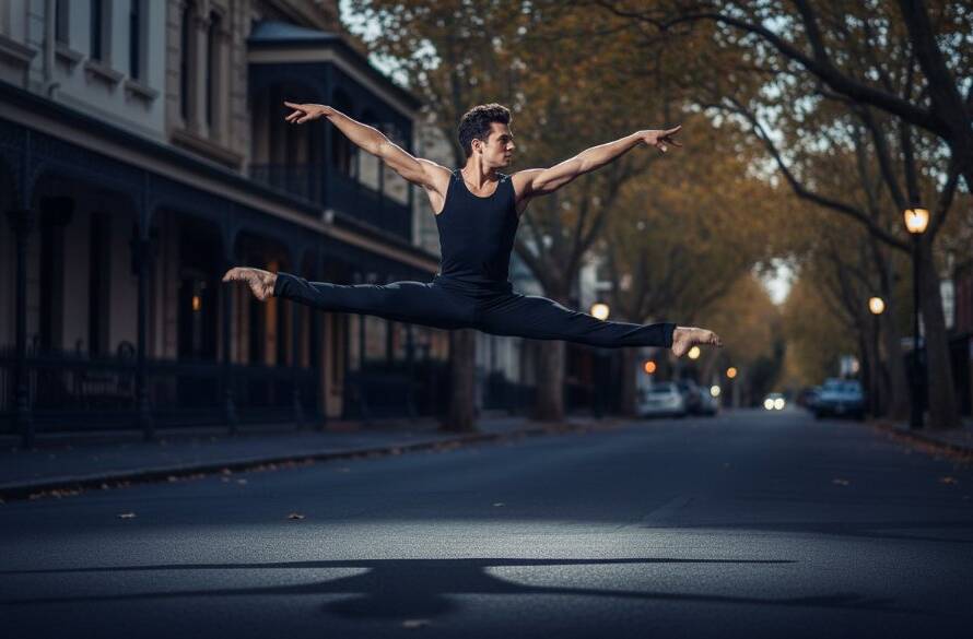A dynamic male dancer in mid-air performing an impressive leap with dramatic lighting, embodying 'Caulfield North captivating dance photography vibrant movement', set against a blurred, elegant Caulfield North architectural backdrop, showcasing power and grace.