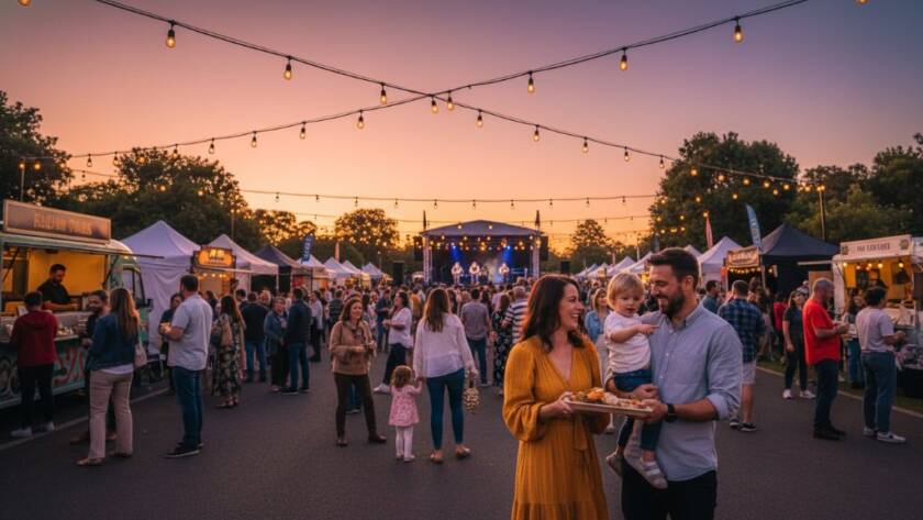 An epic wide-angle shot by Caulfield North community event photography specialists captures a vibrant outdoor community festival at Caulfield Park, with diverse attendees laughing and interacting under festive string lights at dusk, showcasing professional photography with dramatic lighting and warm colour grading.