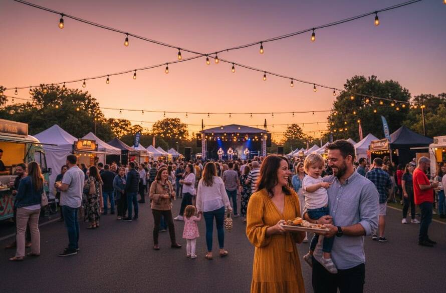 An epic wide-angle shot by Caulfield North community event photography specialists captures a vibrant outdoor community festival at Caulfield Park, with diverse attendees laughing and interacting under festive string lights at dusk, showcasing professional photography with dramatic lighting and warm colour grading.