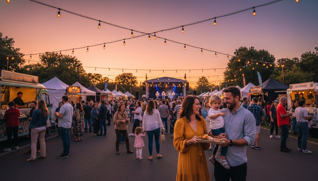 An epic wide-angle shot by Caulfield North community event photography specialists captures a vibrant outdoor community festival at Caulfield Park, with diverse attendees laughing and interacting under festive string lights at dusk, showcasing professional photography with dramatic lighting and warm colour grading.
