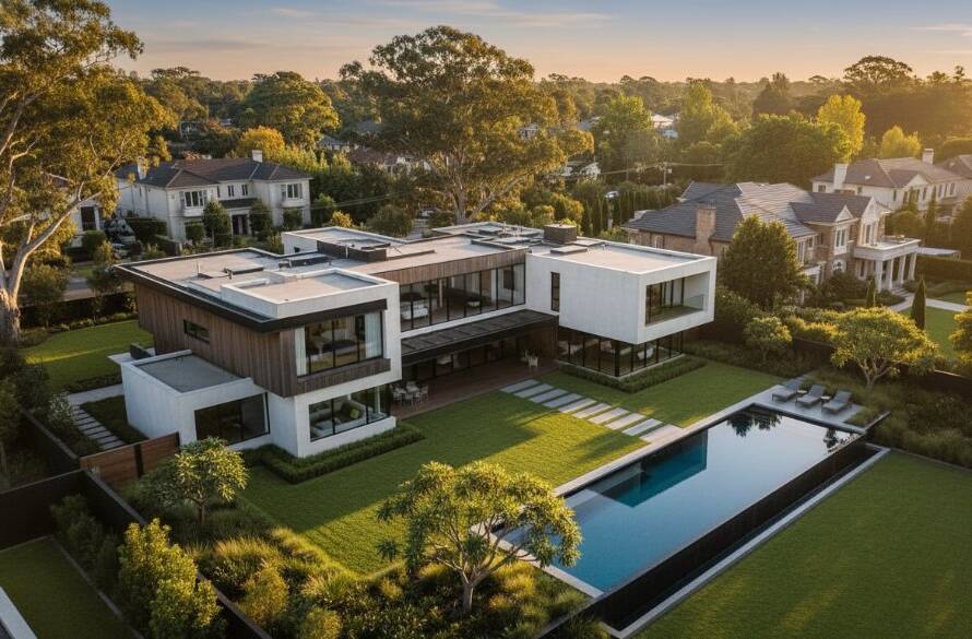 Breathtaking aerial view captured by Caulfield North drone photography for elegant property listings, showcasing a luxury home with manicured gardens and a sparkling pool, dramatically lit by a sunset glow, with the vibrant Caulfield North skyline in the background, embodying an epic moment of refined suburban living.