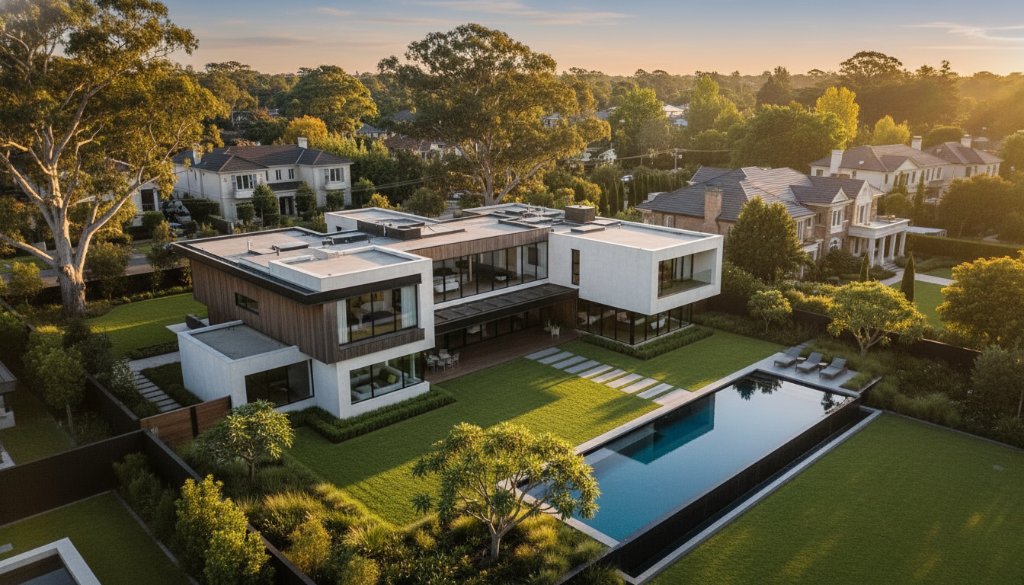 Breathtaking aerial view captured by Caulfield North drone photography for elegant property listings, showcasing a luxury home with manicured gardens and a sparkling pool, dramatically lit by a sunset glow, with the vibrant Caulfield North skyline in the background, embodying an epic moment of refined suburban living.