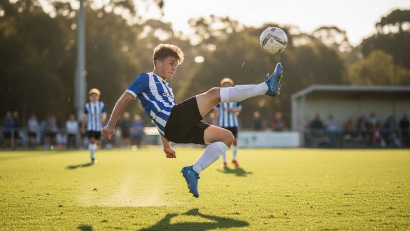 A professional sports photographer captures a breathtaking, dynamic sports moment during a junior soccer match in Caulfield North, Victoria, with a player mid-air attempting a spectacular bicycle kick under dramatic golden hour lighting, showcasing the intensity of Caulfield North dynamic sports photography services.