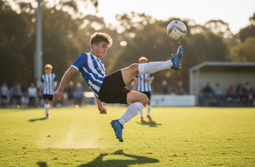 A professional sports photographer captures a breathtaking, dynamic sports moment during a junior soccer match in Caulfield North, Victoria, with a player mid-air attempting a spectacular bicycle kick under dramatic golden hour lighting, showcasing the intensity of Caulfield North dynamic sports photography services.