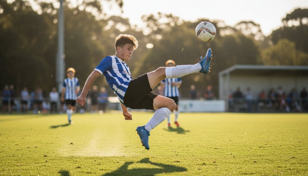 A professional sports photographer captures a breathtaking, dynamic sports moment during a junior soccer match in Caulfield North, Victoria, with a player mid-air attempting a spectacular bicycle kick under dramatic golden hour lighting, showcasing the intensity of Caulfield North dynamic sports photography services.