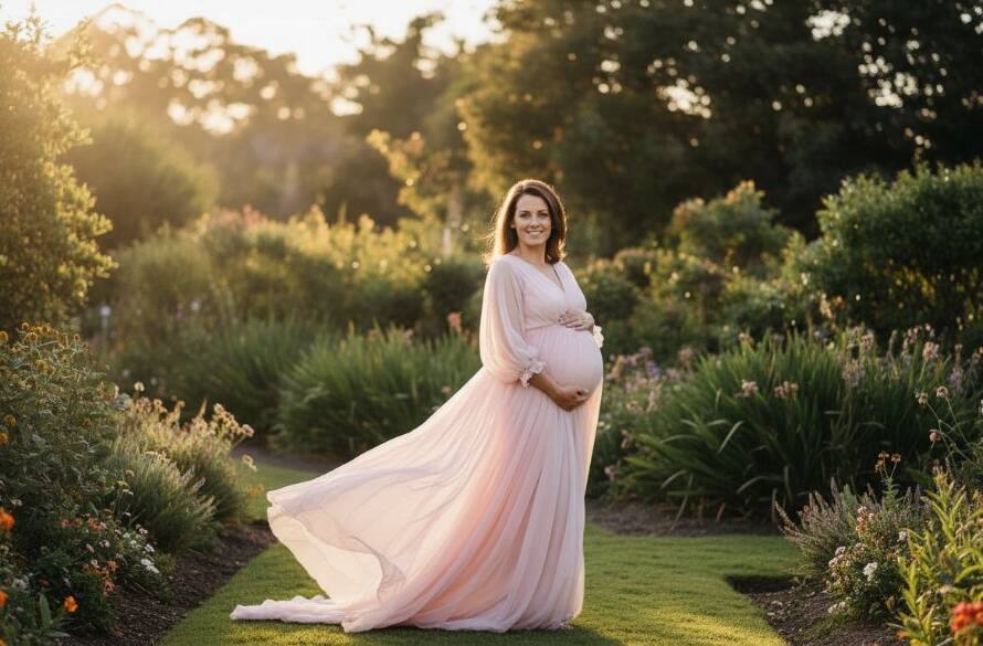 A serene and powerful Caulfield North glowing maternity photography portrait of an expectant mother, silhouetted by the golden hour light in a lush garden setting, celebrating the beauty of pregnancy.