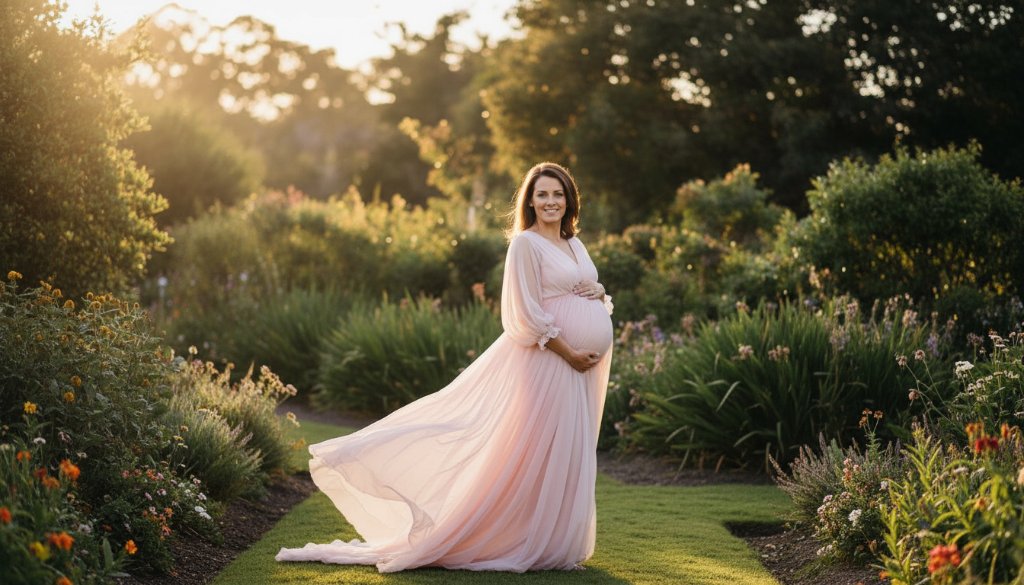 A serene and powerful Caulfield North glowing maternity photography portrait of an expectant mother, silhouetted by the golden hour light in a lush garden setting, celebrating the beauty of pregnancy.