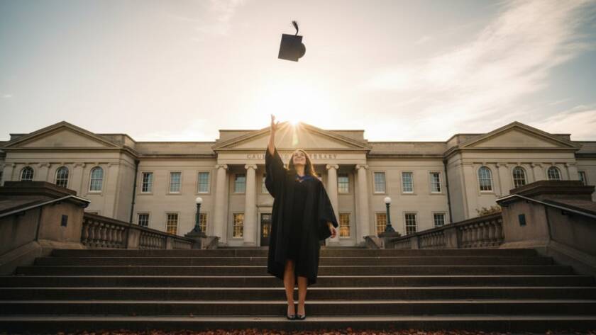 An epic moment of a smiling graduate in their cap and gown, framed by autumn leaves near Caulfield Racecourse, celebrating their Caulfield North Graduation Photography Capturing Joy, with dramatic lens flare.