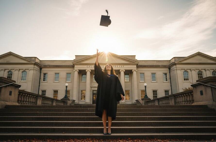 An epic moment of a smiling graduate in their cap and gown, framed by autumn leaves near Caulfield Racecourse, celebrating their Caulfield North Graduation Photography Capturing Joy, with dramatic lens flare.